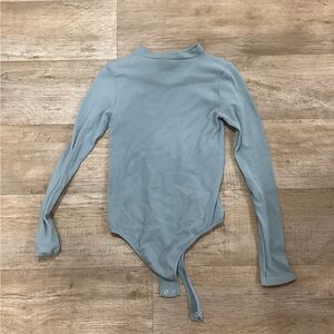 Blue Ribbed Long Sleeve Bodysuit with Tie Front